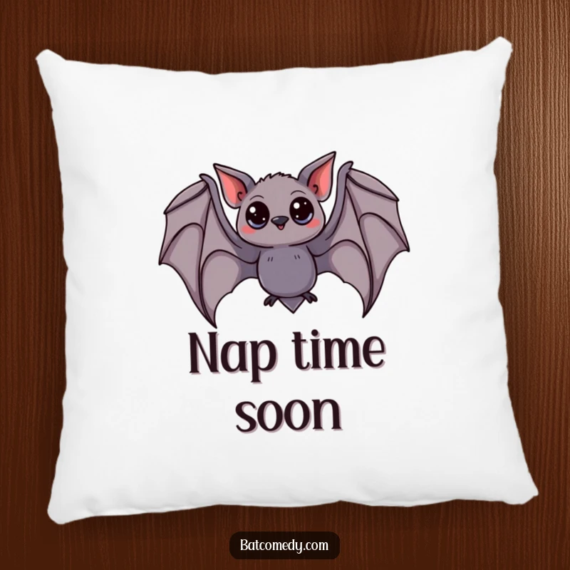 Funny bat pillow showing a bat with big, curious eyes, depicted in a graceful swooping pose with wings spread wide.