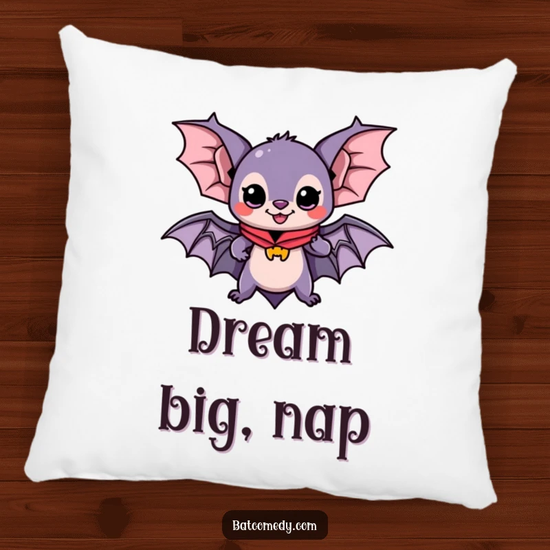 Funny pillow featuring a kawaii bat wearing a cape, ready for adventure, perfect for adding heroic comfort and a touch of whimsy.