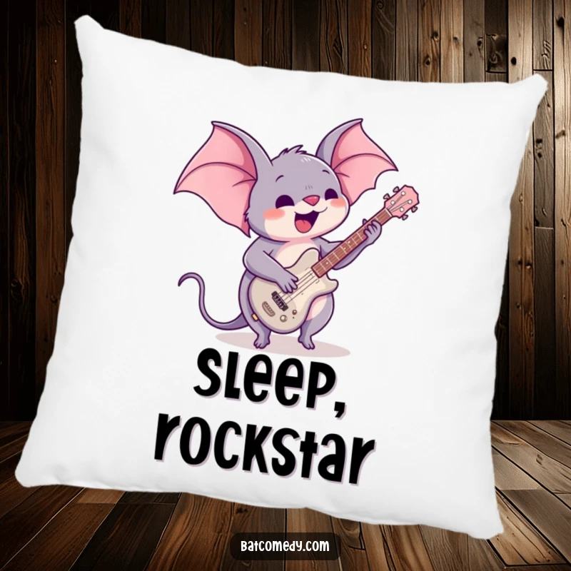 Funny pillow featuring a kawaii bat playing a tiny guitar with enthusiasm, perfect for adding a musical and cozy accent to any room.