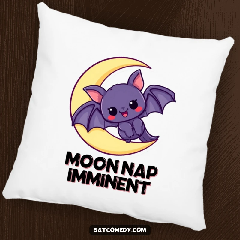 Funny pillow featuring a kawaii bat peeking out from a crescent moon, brimming with excitement, perfect for adding cute charm to any room.