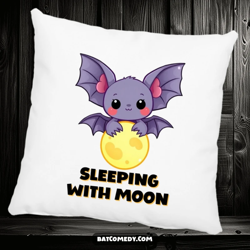 Funny kawaii bat holding a glowing moon charm on a soft pillow, perfect for humorous and magical comfort.