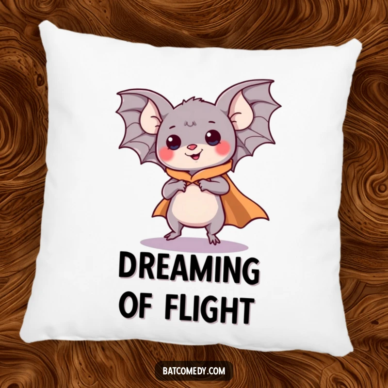 Funny kawaii bat wearing a superhero cape, comically pretending to fly on a soft pillow for humorous comfort.