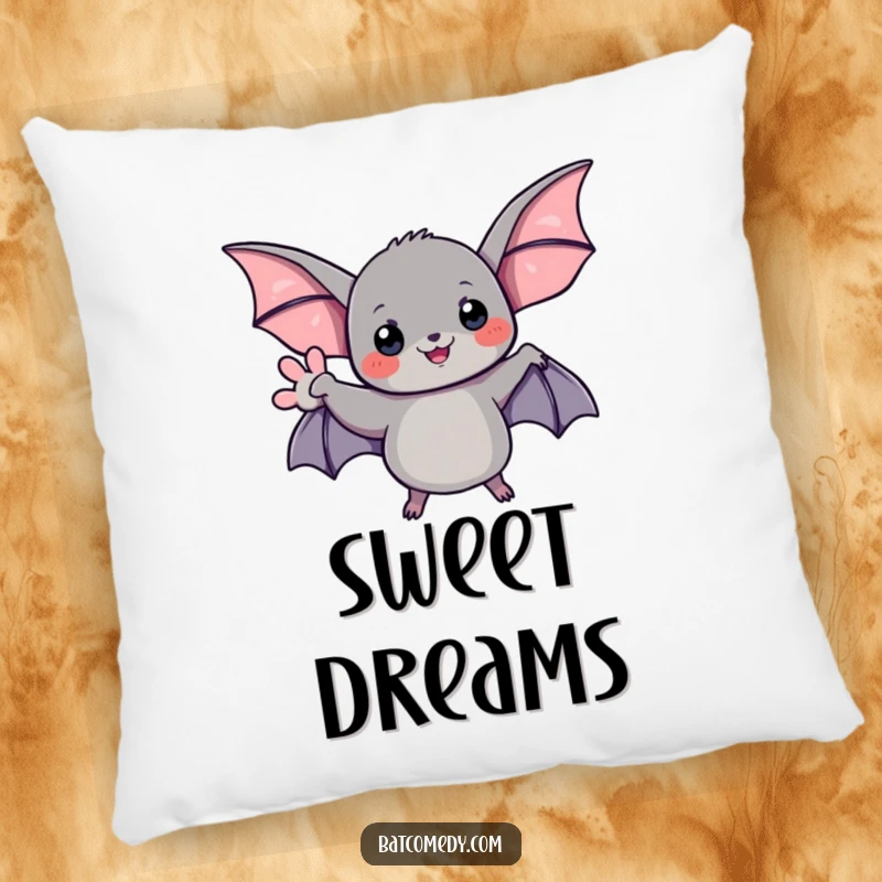 Funny pillow featuring a black bat with its wing raised in a gentle, friendly wave.
