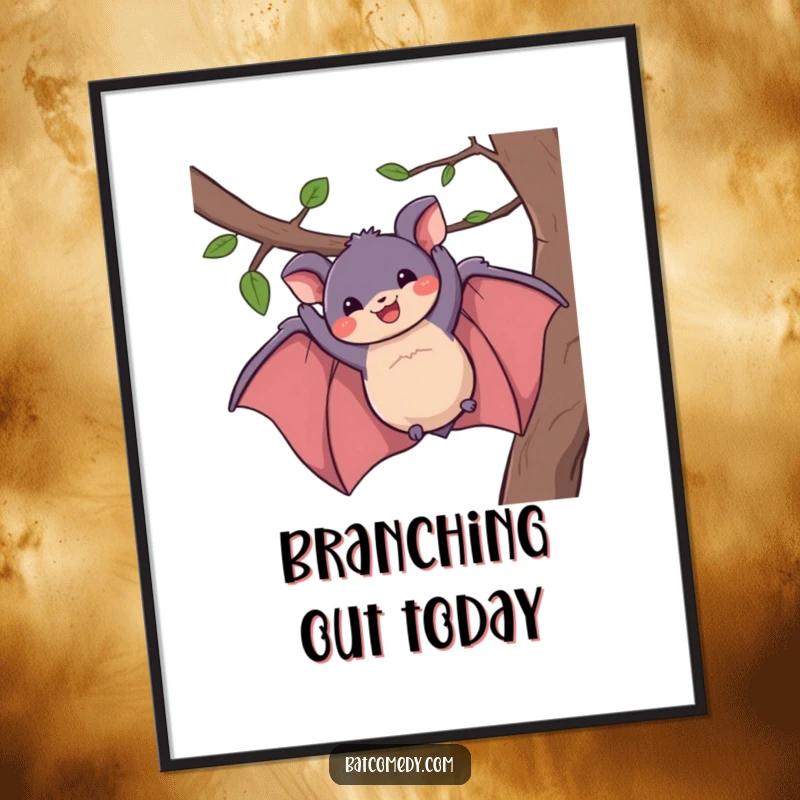 Funny digital art print of a happy bat dangling from a branch, sporting a wide grin, ready for instant enjoyment.