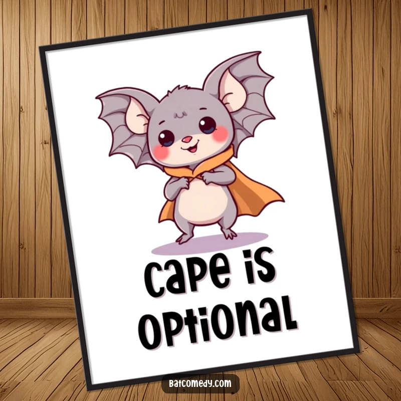 Funny kawaii bat wearing a cape and comically pretending to fly, available as a downloadable digital art print.