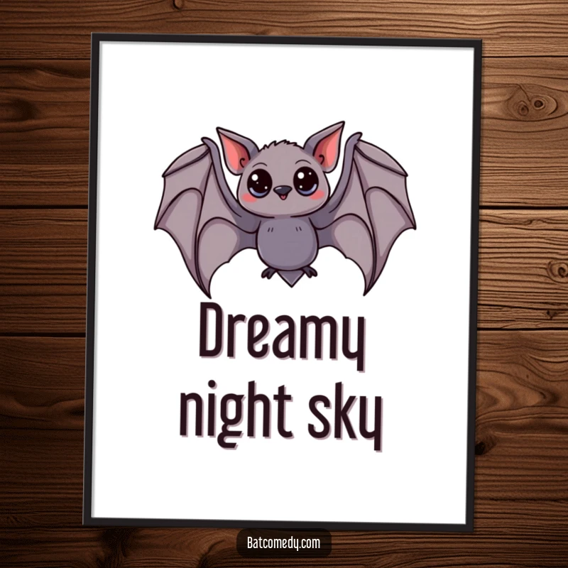 Funny bat digital art print of a curious bat with wide eyes, captured mid-swoop with wings spread, bringing whimsical charm.