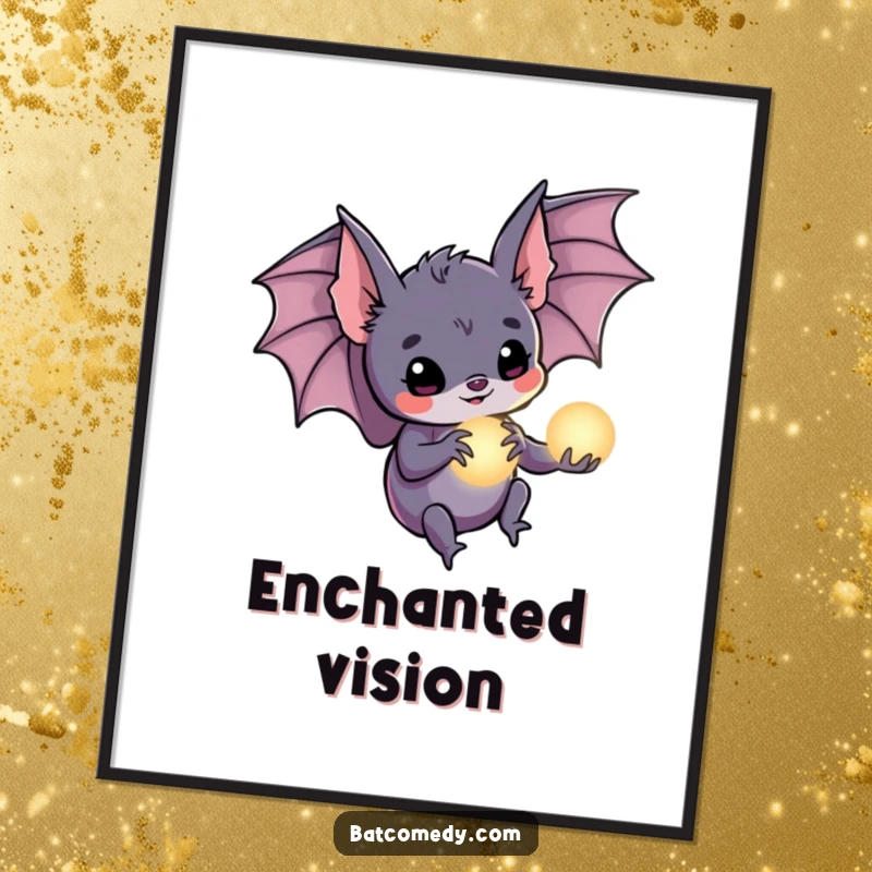Funny bat digital art print of a bat holding a tiny glowing orb in its claws, radiating magical and enchanting vibes.