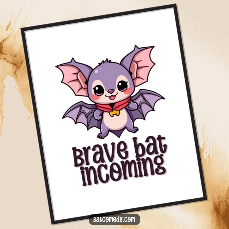Funny digital art print of a kawaii bat with a cape, ready for adventure, perfect for instant download and heroic wall decor.