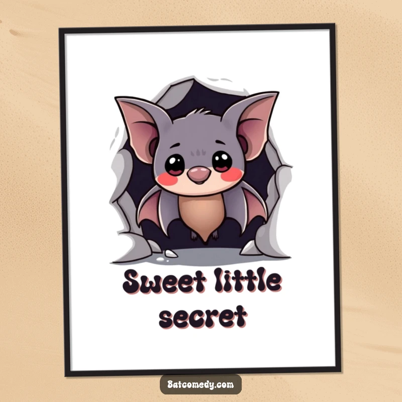Funny digital art print of a shy bat peeking from a cave with a hesitant, sweet smile, ready for gentle ambiance.