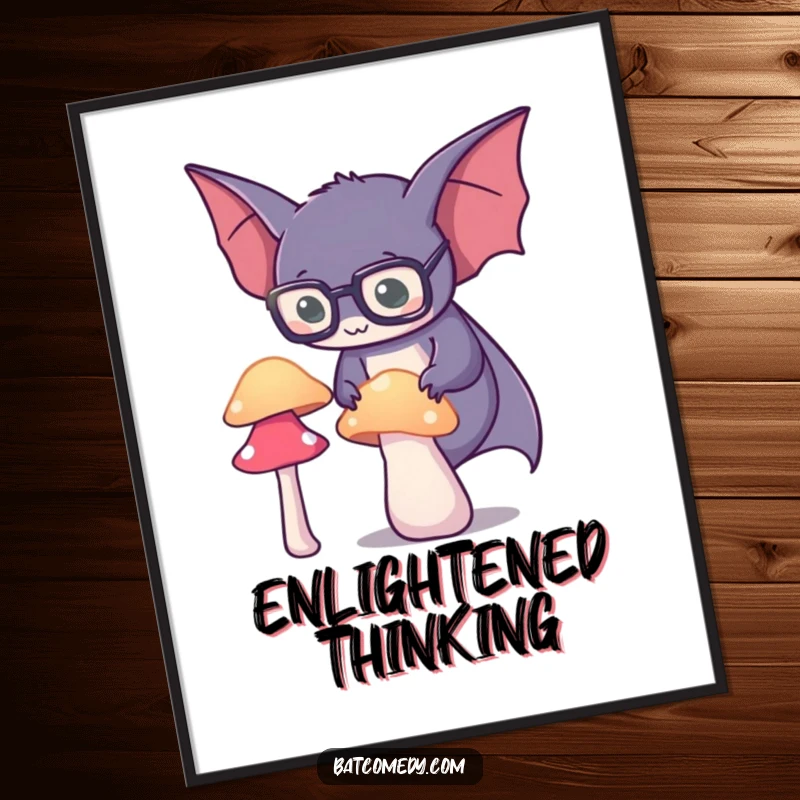 Funny spectacled bat digital art print of a bat wearing glasses, peering at a glowing mushroom, offering intellectual charm.