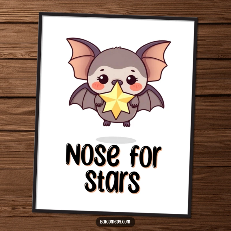 Funny digital art print of a black bat balancing a sparkling star on its nose.