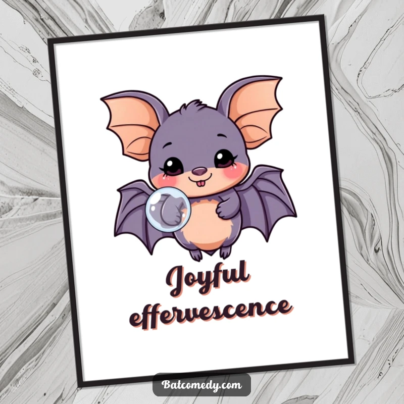 Funny kawaii bat digital art print of a happy bat blowing a bubble, perfect for adding a joyful touch to decor.