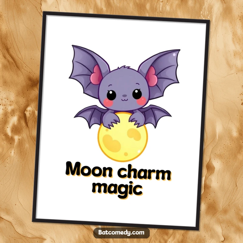 Funny kawaii bat holding a glowing moon charm, available as a downloadable digital art print for humorous and magical decor.