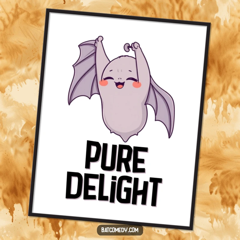 Funny bat digital art print of an upside-down bat giggling with eyes closed, radiating infectious happiness and joy.