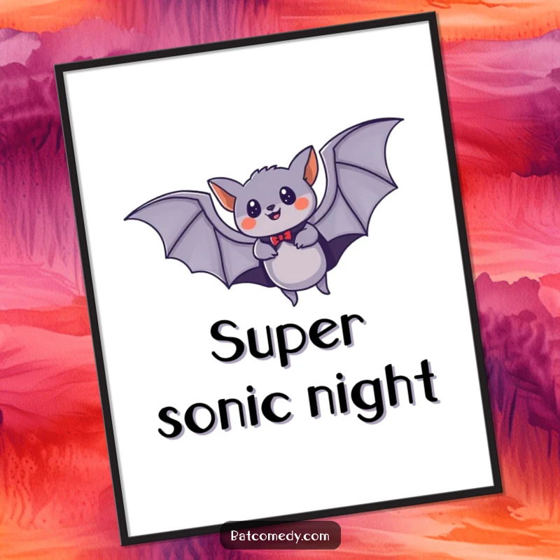 Funny digital art print of a bat with a cape soaring at high speed through the night sky, adding heroic flair.