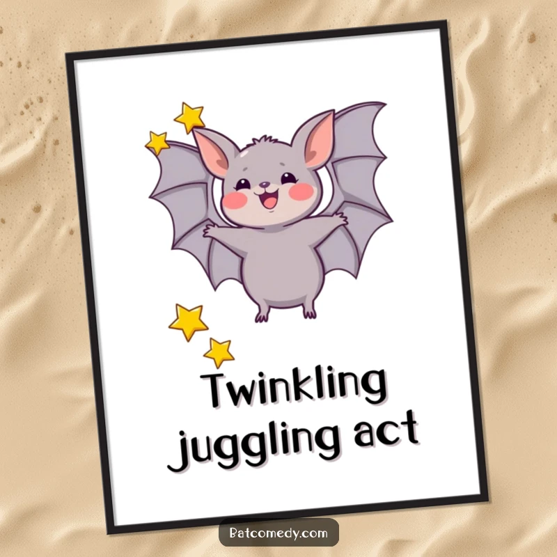 Funny digital art print of a bat excitedly juggling three tiny stars with its wings, creating a whimsical cosmic display.