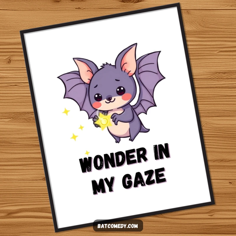 Funny kawaii bat digital art print of a bat captivated by a glowing firefly, adding a touch of gentle magic.