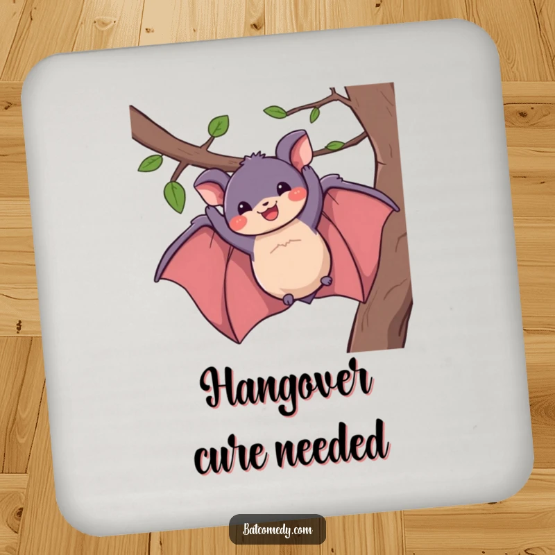 Funny drink coasters with a playful bat dangling from a branch, wearing a happy grin, perfect for humorous table decor.