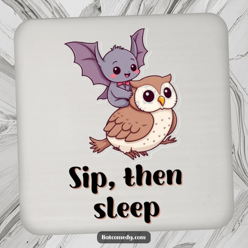 Funny drink coasters showcasing a bat giggling on an owl's back, adding a humorous flair to any beverage.