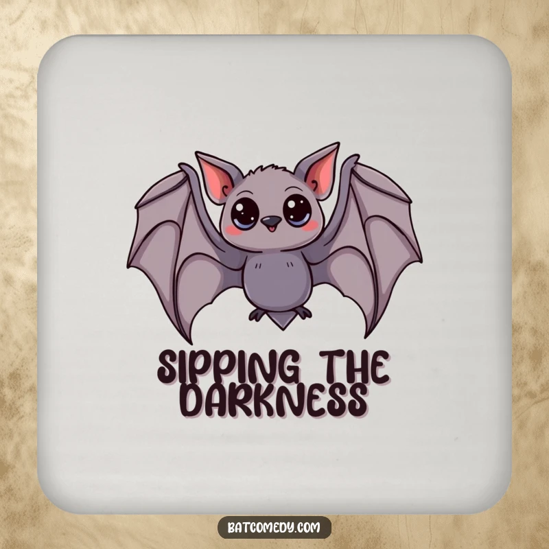 Funny bat coasters showcasing a curious bat in a graceful swooping posture with wings spread wide, adding charm to any surface.