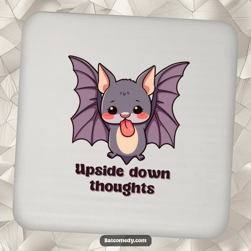 Funny coaster with a cute bat hanging upside down, tongue sticking out, protecting surfaces with a humorous touch.