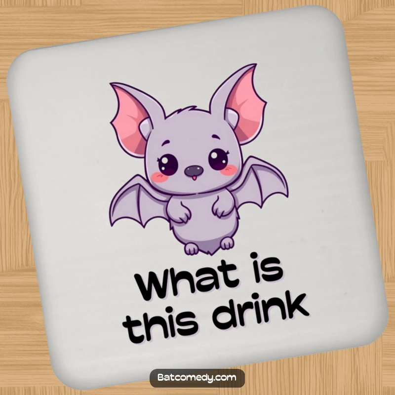 Funny kawaii bat with small wings spread, looking curiously on a drink coaster, offering humorous surface protection.