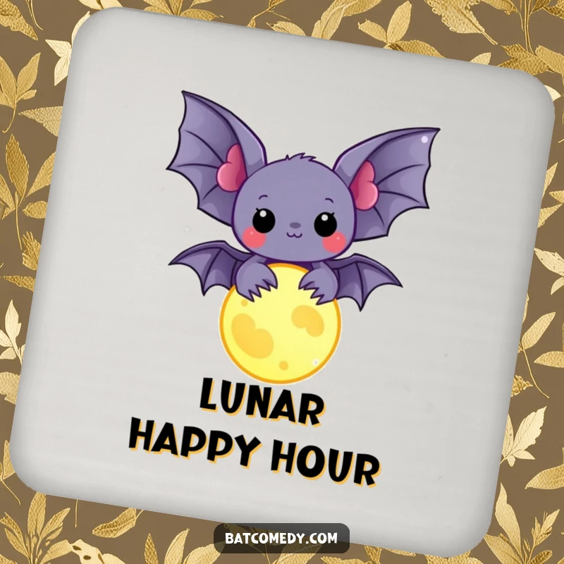 Funny kawaii bat holding a glowing moon charm on a drink coaster, offering humorous and magical surface protection.