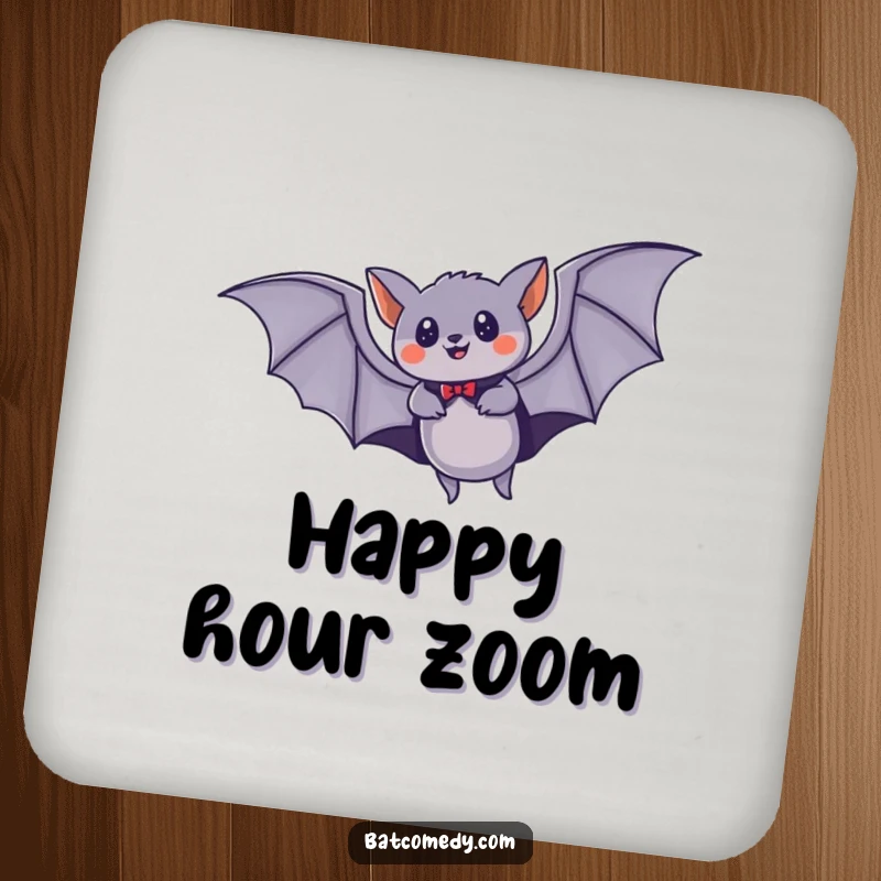 Funny coaster depicting a bat in a cape flying swiftly through the night sky, offering surface protection with humor.
