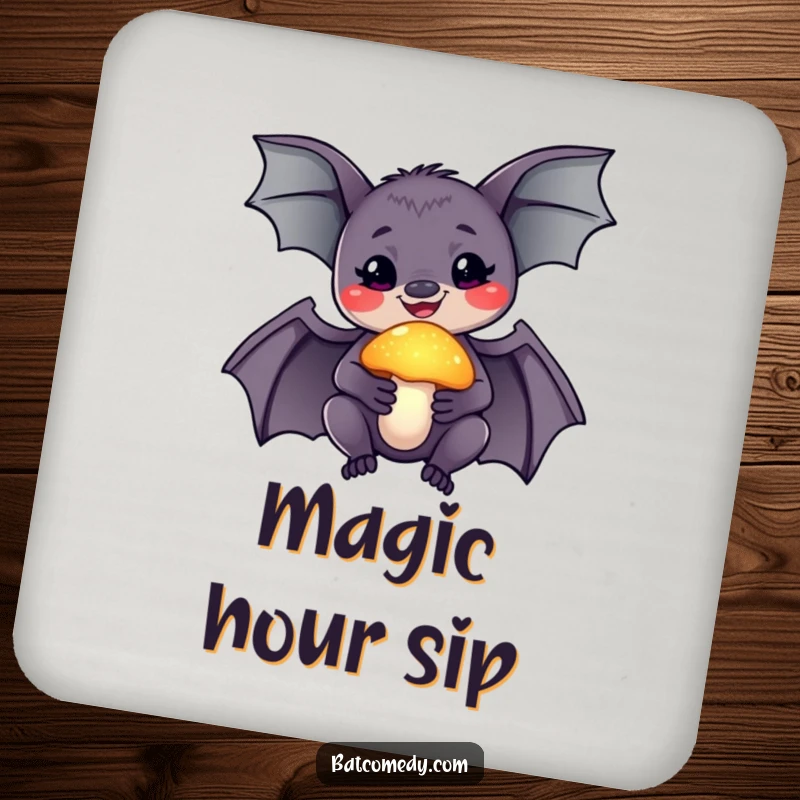 Funny coaster with a smiling bat holding a glowing mushroom, adding a touch of magic and humor to drink service.