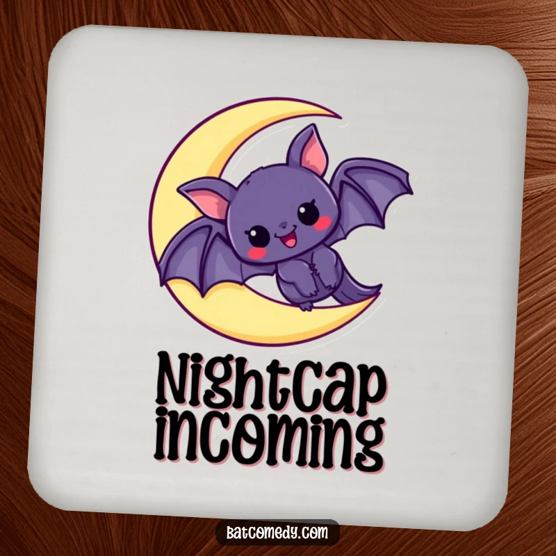 Funny drink coaster with a kawaii bat peeking excitedly from a crescent moon, protecting surfaces with adorable charm, perfect for parties.