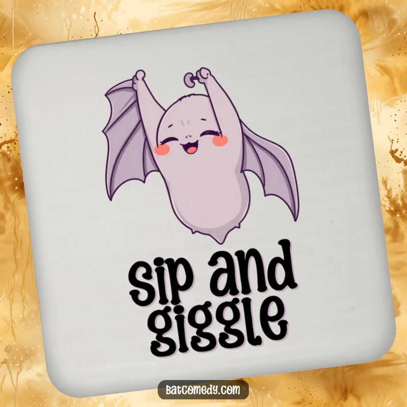 Funny bat coasters showing an upside-down bat giggling with eyes closed, adding a joyous touch to tabletops.