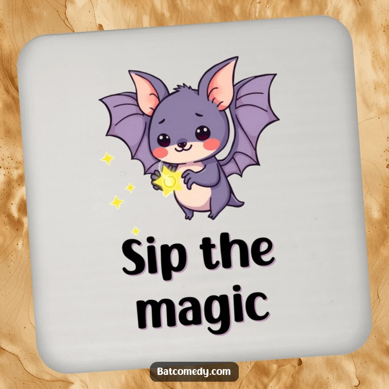 Funny kawaii bat drink coaster showing a bat admiring a glowing firefly, perfect for protecting furniture.