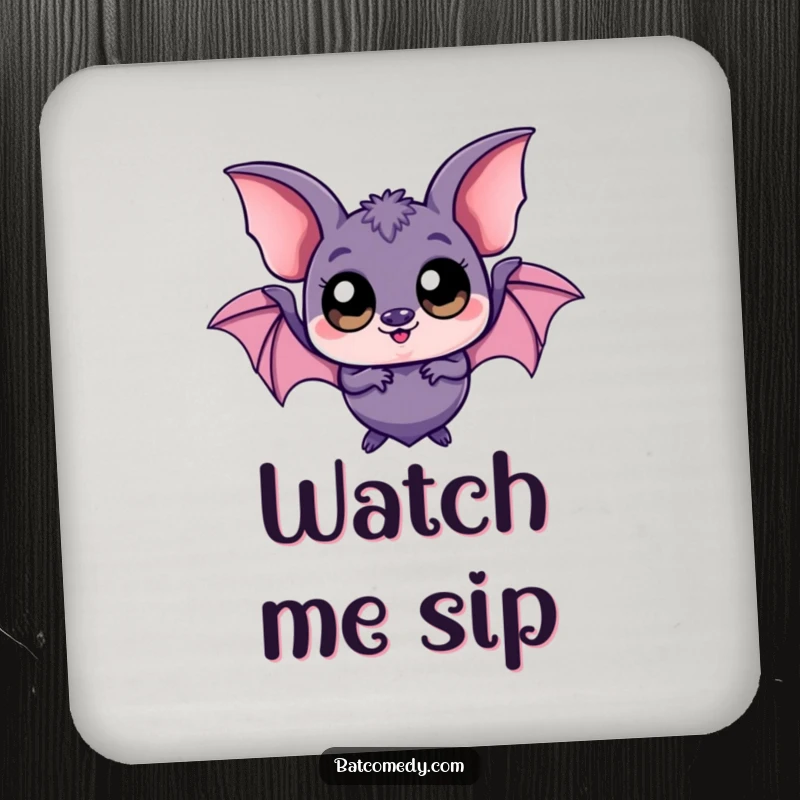 Funny kawaii bat drink coaster featuring a bat with large, playful eyes, perfect for protecting surfaces from drinks.