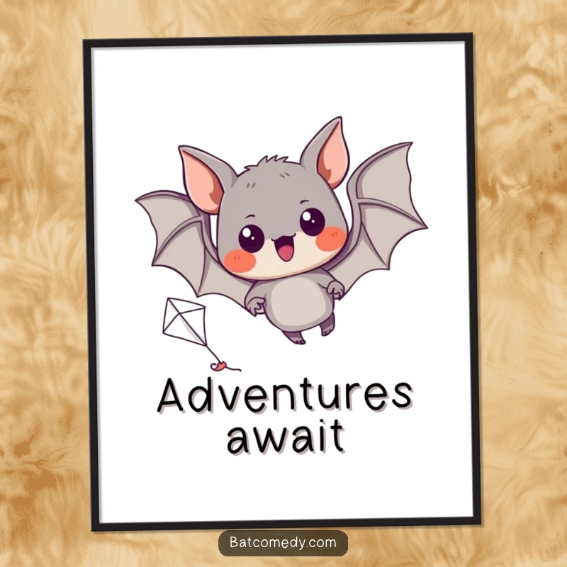 Funny poster art of a black bat with excited eyes, attempting to fly a miniature kite.