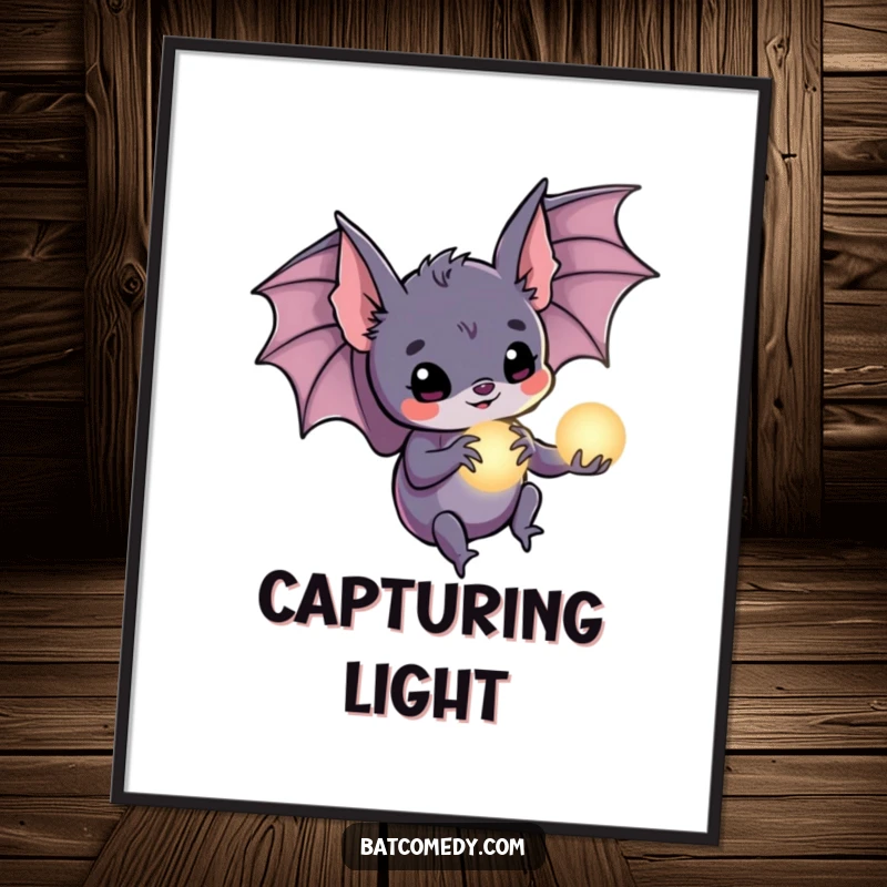 Funny bat poster capturing a bat holding a small, luminous orb in its claws, symbolizing magic, hope, and enchantment.
