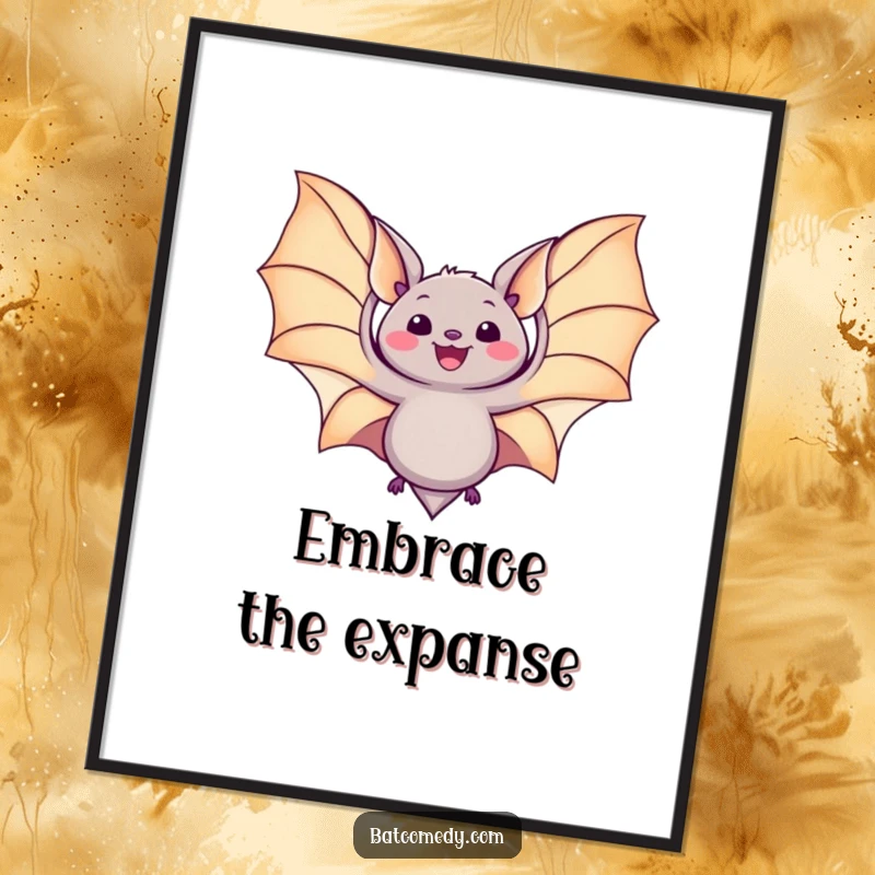 Funny kawaii bat poster showing a bat with its wings spread wide in an expression of pure delight and happiness.