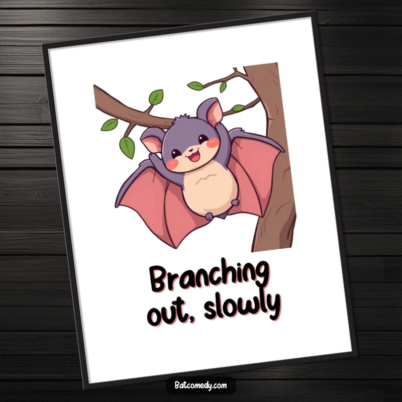 Funny poster art of a bat dangling from a branch, smiling widely with pure joy, perfect for humorous wall decor.