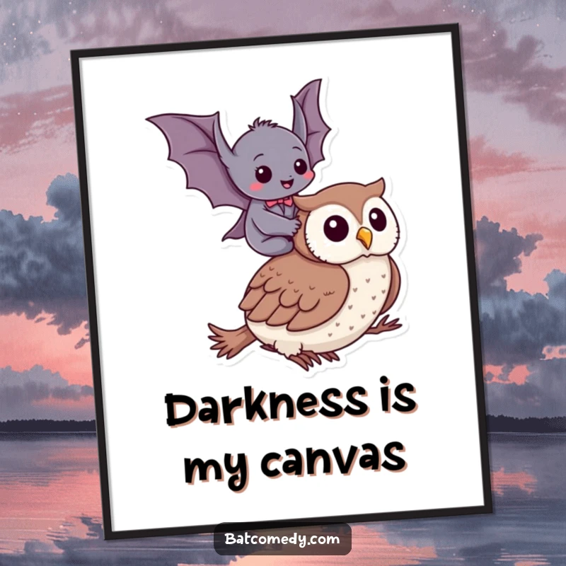Funny poster art of a bat giggling ecstatically while riding on a calm owl, bringing humor and charm to any room.