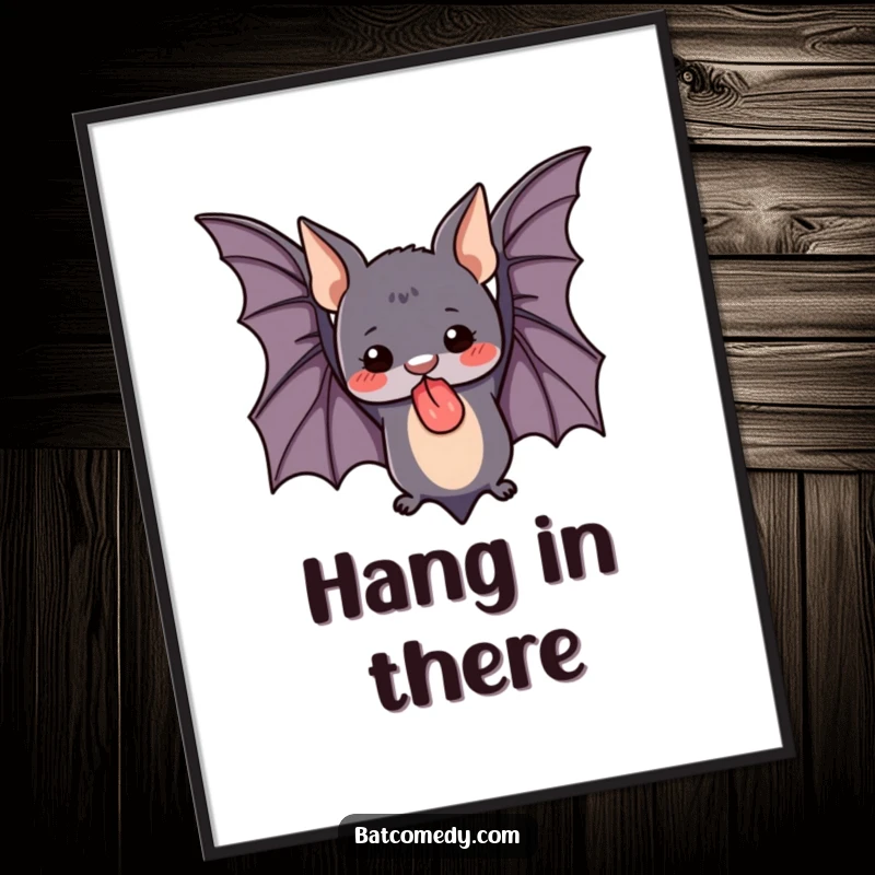 Funny poster of a cute bat hanging upside down with its tongue sticking out, exuding happiness and playful energy for wall decoration.
