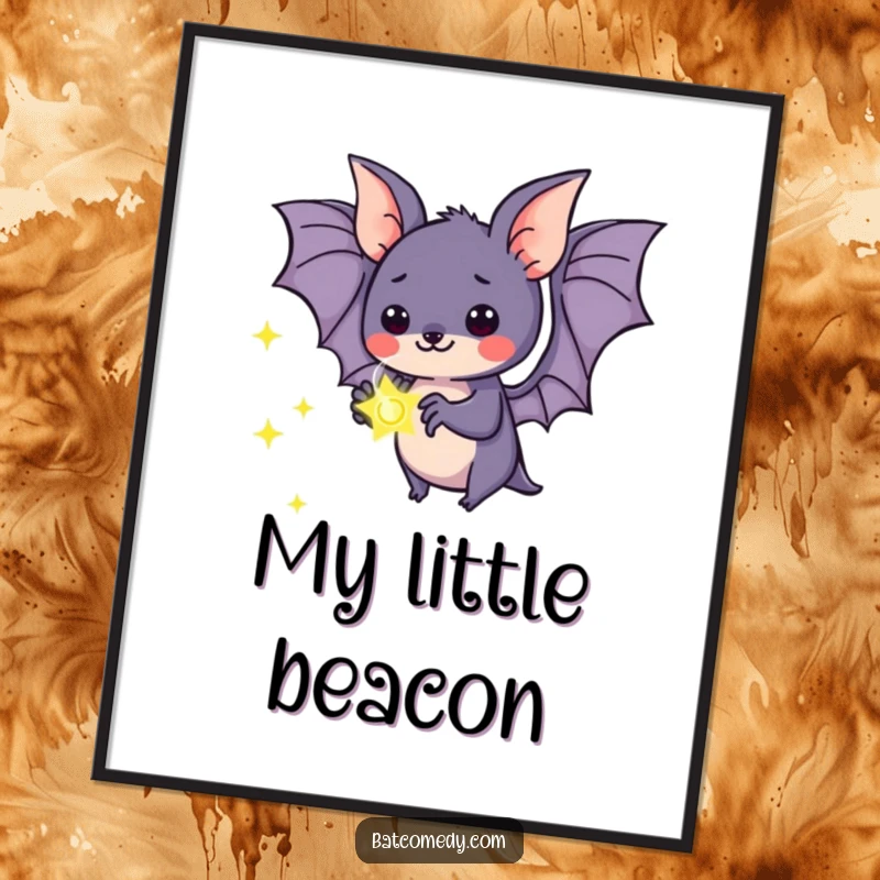 Funny kawaii bat poster illustrating a bat's fascination with a glowing firefly, perfect for a child's room or nursery.