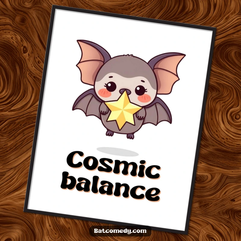 Funny poster art of a black bat balancing a sparkling star on its nose, looking mystical.