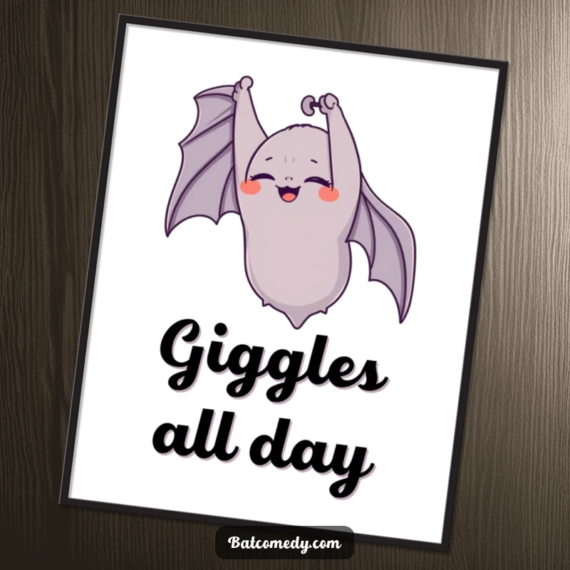 Funny bat poster capturing an upside-down bat giggling heartily with its eyes closed, radiating pure, infectious happiness.