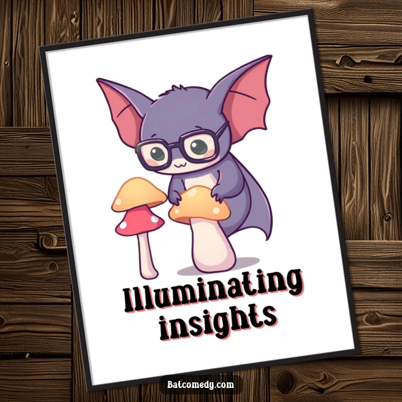 Funny spectacled bat poster depicting a bat in spectacles intently examining a brightly glowing mushroom, capturing a moment of discovery.
