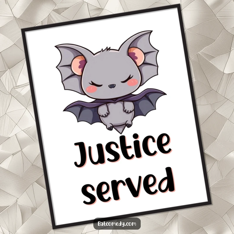 Funny poster print of a black bat in a miniature cape with a mischievous smirk, displayed as wall art.