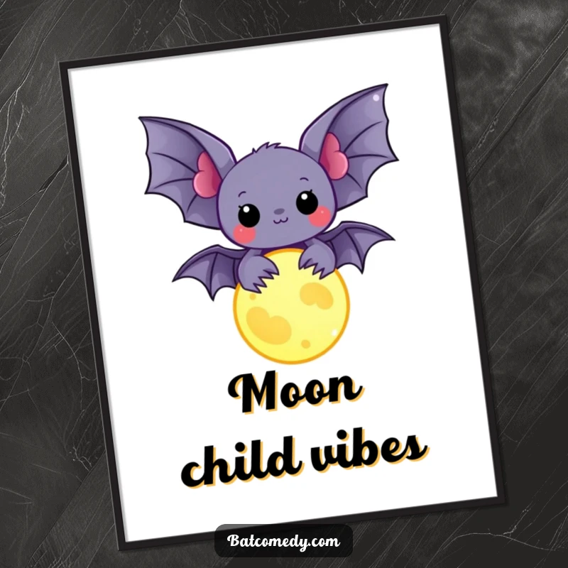 Funny kawaii bat holding a glowing moon charm, depicted on a poster for enchanting and humorous wall art.