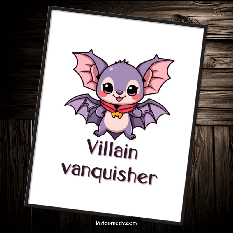 Funny poster print of a kawaii bat wearing a cape, ready for adventure, embodying courage and a sense of fun for wall decor.