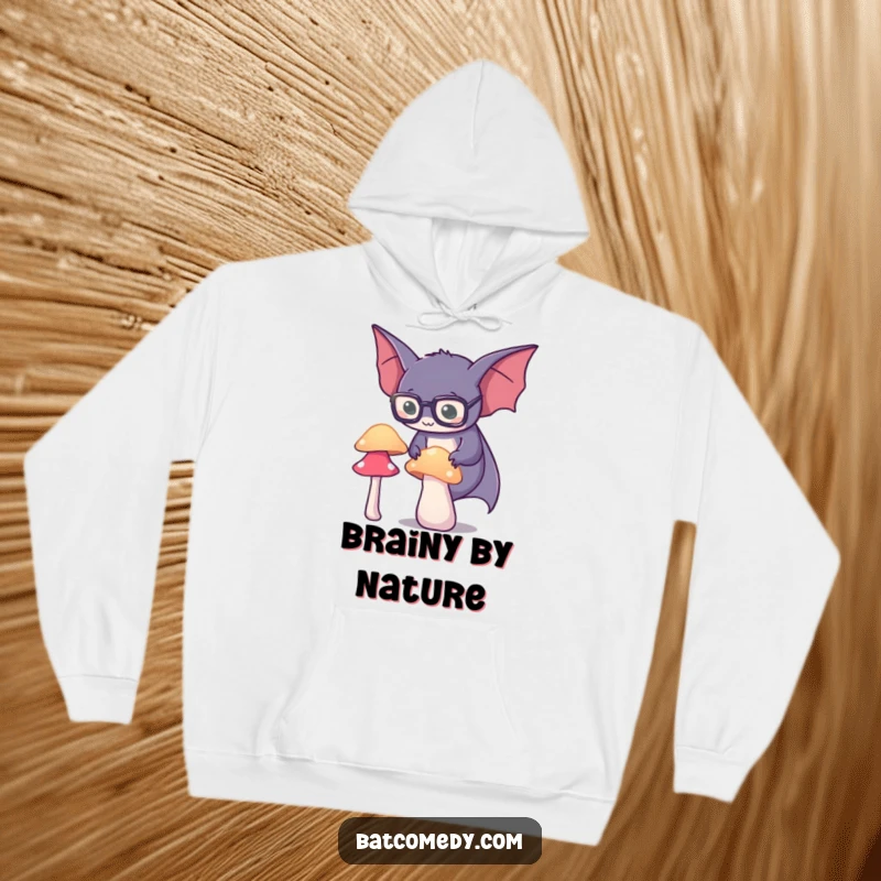 Funny spectacled bat hoodie featuring an intellectual bat in spectacles intently observing a glowing mushroom, highlighting wonder and knowledge.