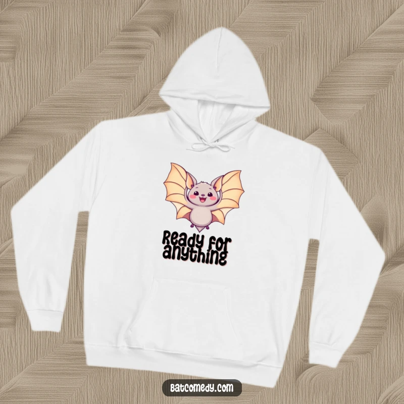 Funny kawaii bat hoodie with a joyful bat character spreading its wings wide, perfect for cozy relaxation.