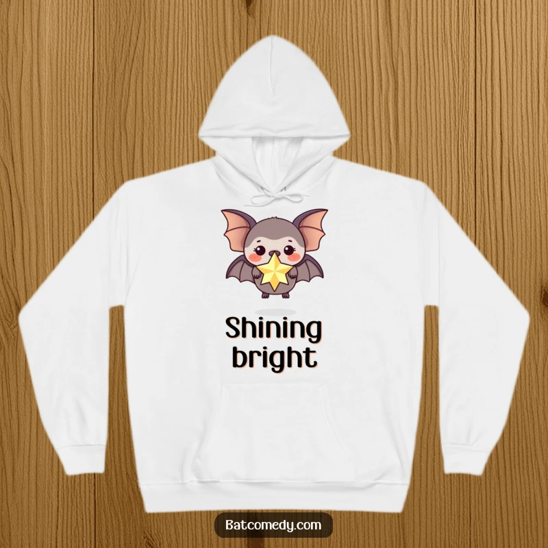 Funny hoodie depicting a black bat with a sparkling star balanced on its nose, exuding magic.
