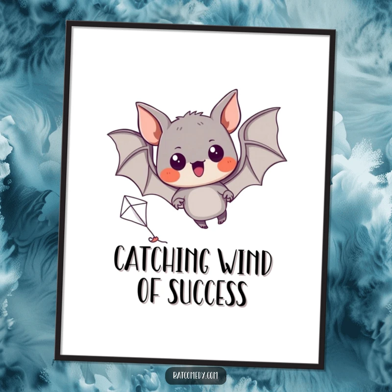 Funny Free Printable Wall Art: An excited bat with wide eyes is shown attempting to fly a tiny kite.